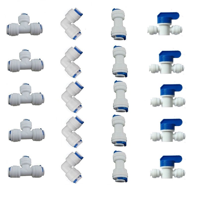 Liimevvon 1/4"" OD Quick Connect Push In to Connect for RO Water Reverse Osmosis System Water Tube Fitting Set Of 20 (ball valve+T+I+L Type Combo) - Image 1